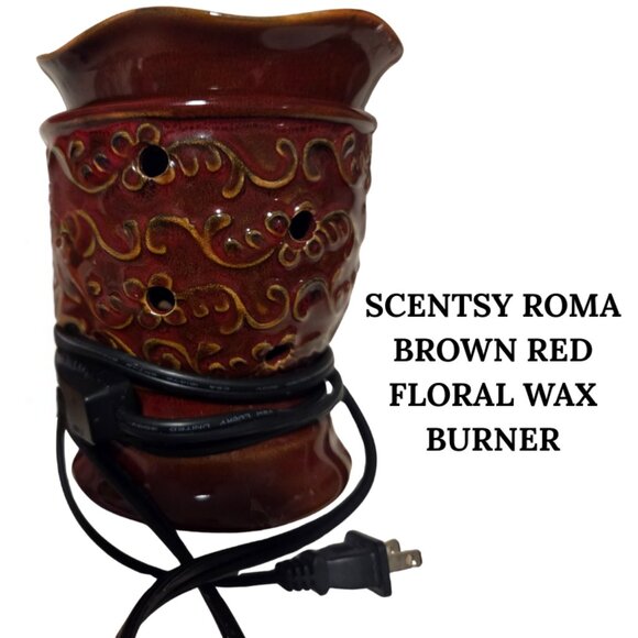 SCENTSY ROMA BROWN RED FLORAL PATTERN 2PC WAX WARMER SET - Picture 1 of 2